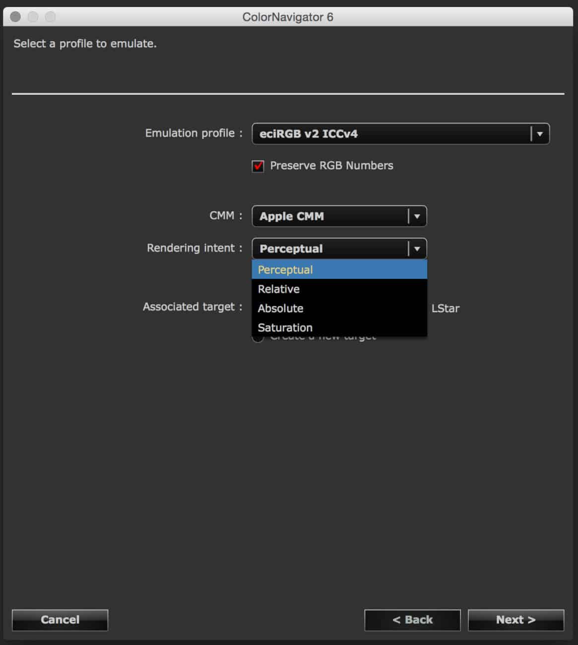 Color Navigator 6 – Emulation Profile Selection Rendering Intent